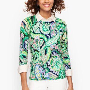Talbots womans paisley sz PS floral green sweater pullover 3/4 sleeve cotton